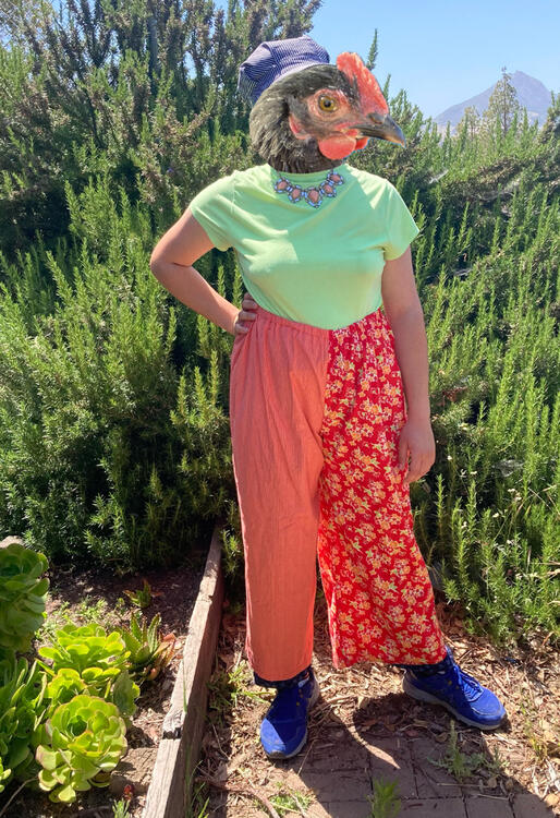 Girl wearing red pants, green shirt, and conductor hat. She’s photoshopped to have a chicken head