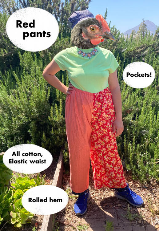 All cotton, elastic waist, pockets, rolled hems